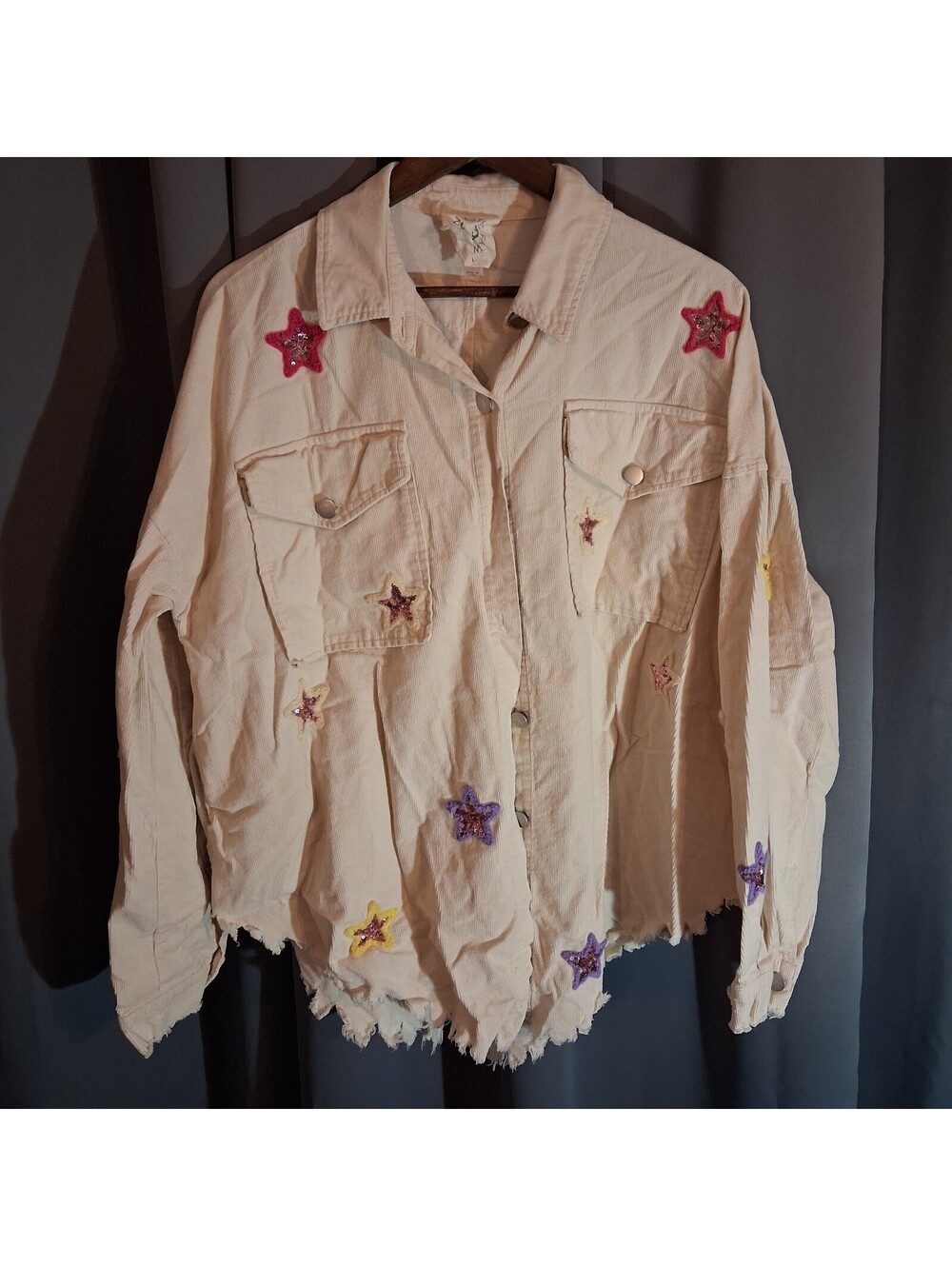 Fantastic Fawn Oversized Beige Cotton Jacket with Star Patches, Size L